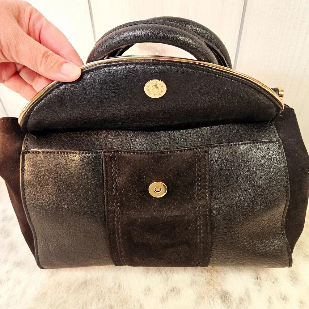 Lauren Conrad Black Faux Pebble‎ Leather & Suede Handbag Satchel Purse Rose Gold